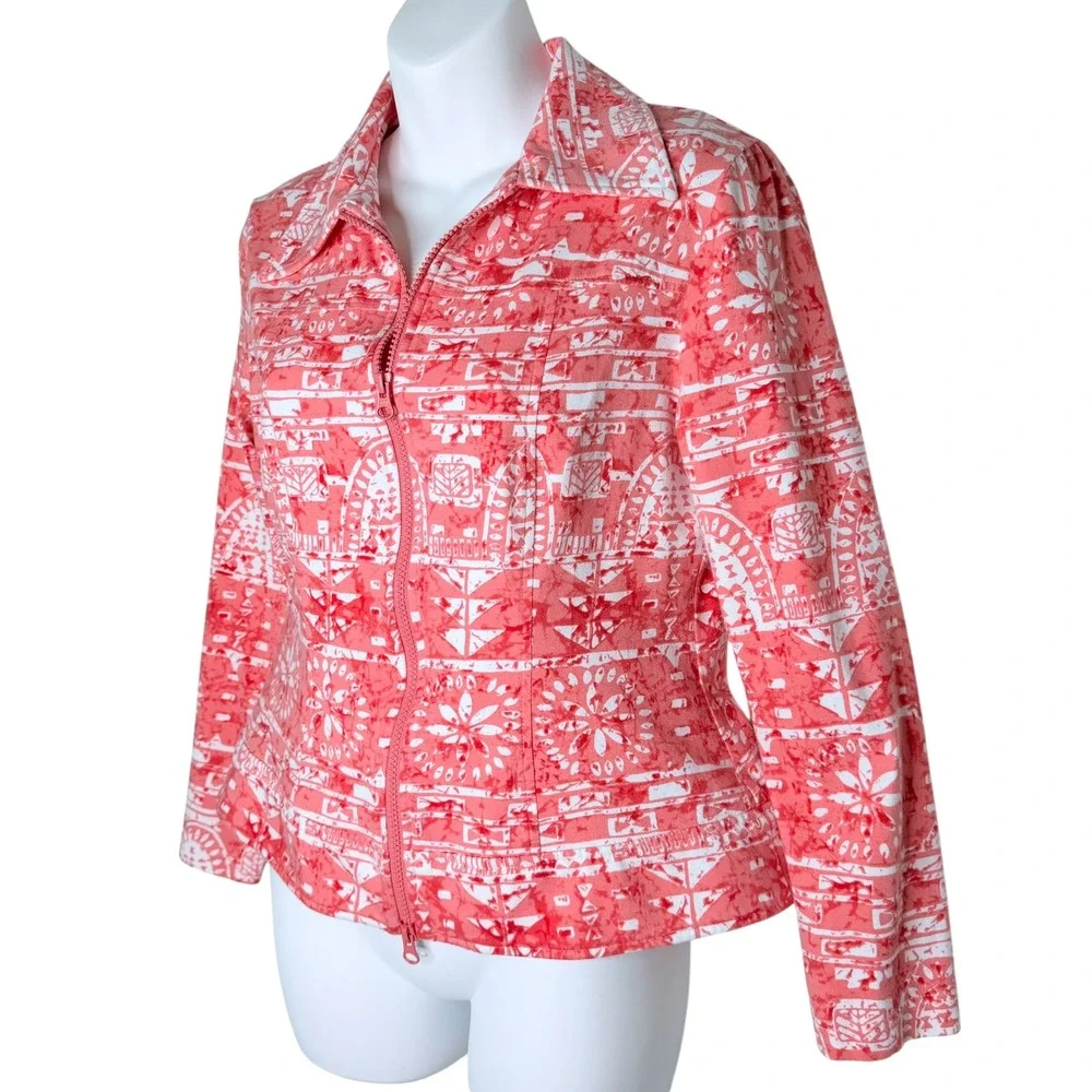 Clara Sunwoo Coral Pink White Geometric Batik Zip Up Stretch Jacket Womens Small